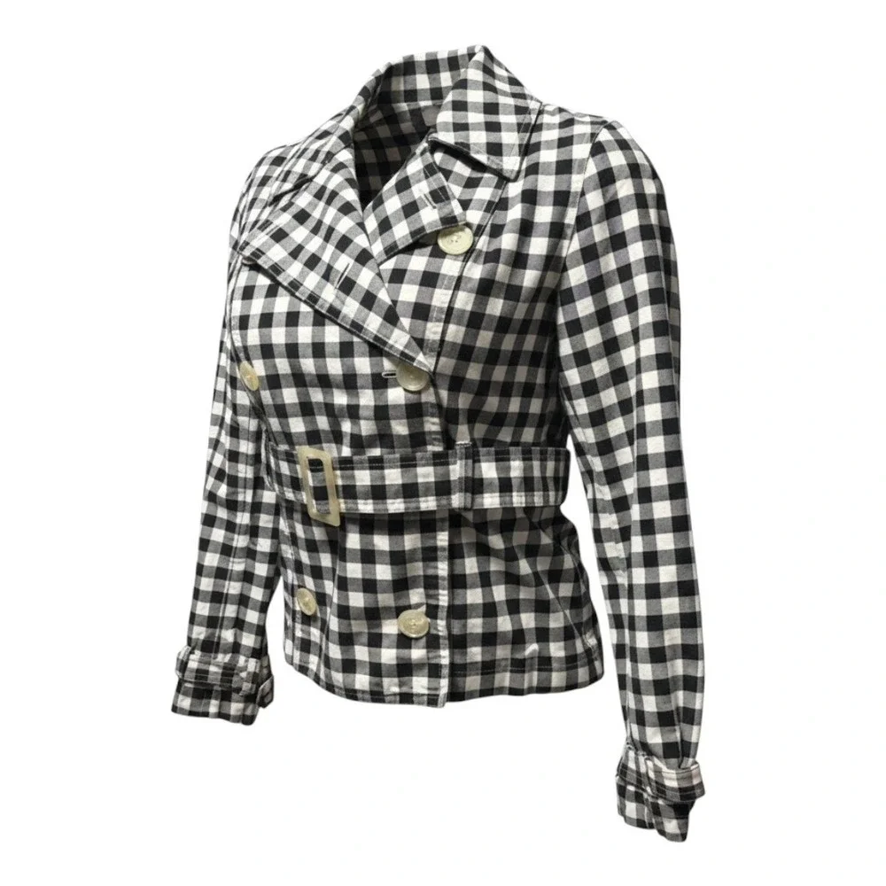 Lauren Ralph Lauren Jacket Women Petite P Black Excellent Gingham Belted Cotton